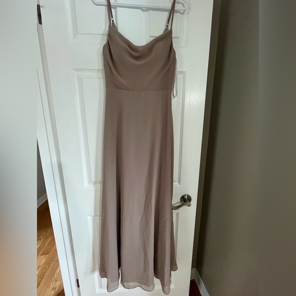 Taupe Azazie Bridesmaid dress with cowl neck